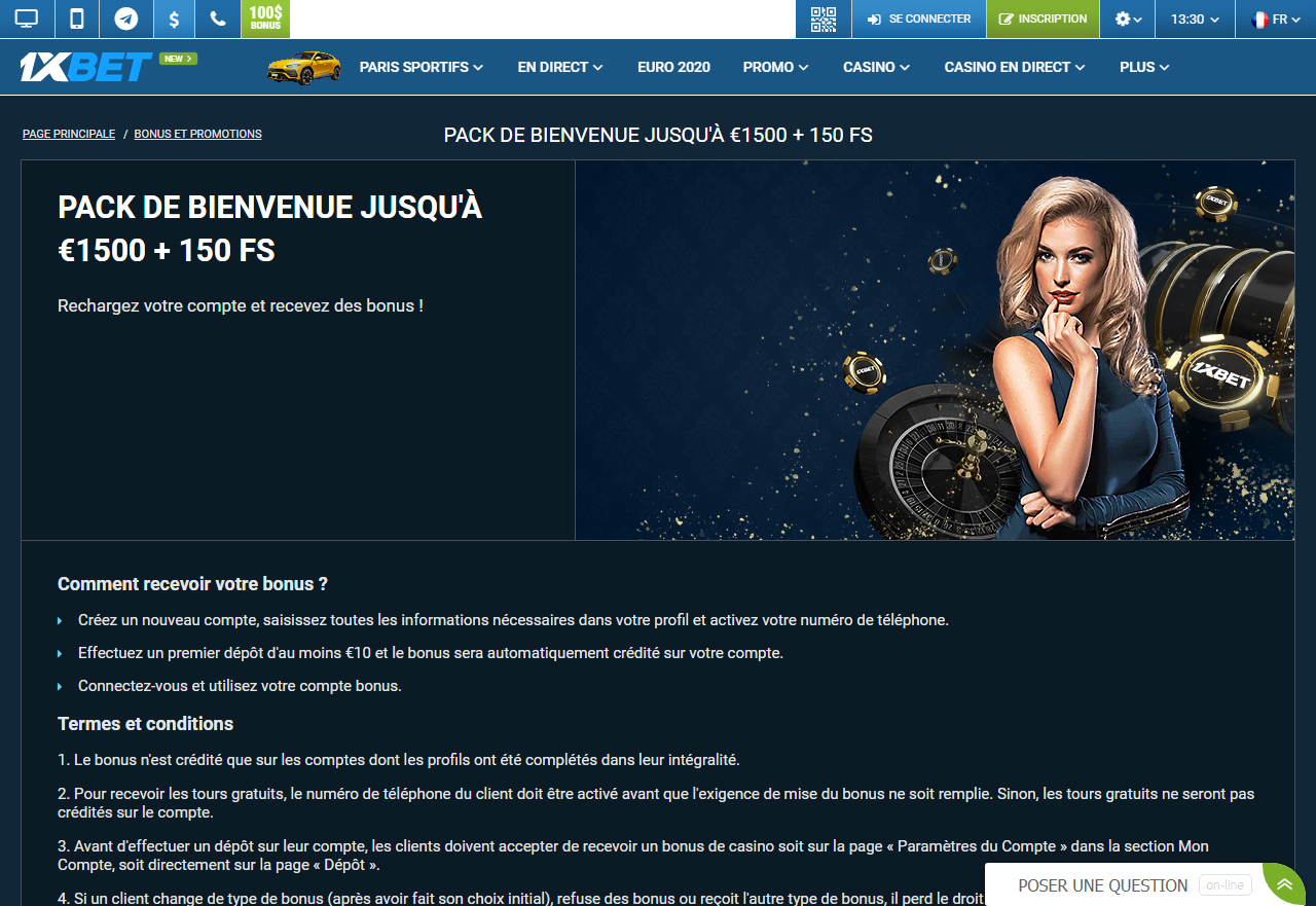 1xBet - Pack de bienvenue jusqu'à 1500 euros + 150 FS 1