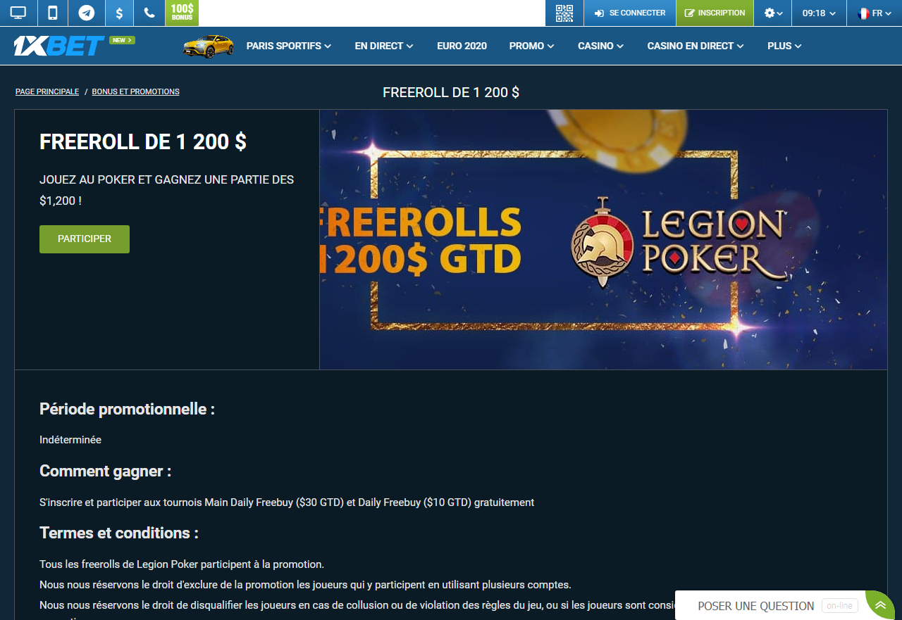 1xBet - Freeroll de 1 200 dollars